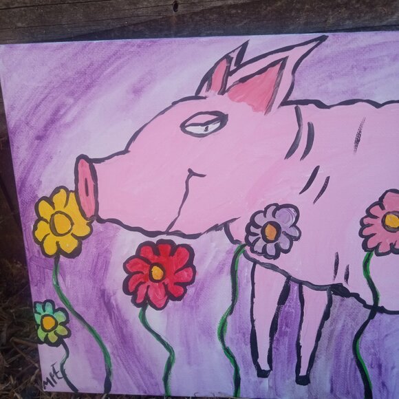 Pig In Flowers Folk Art Painting - Picture 6 of 15